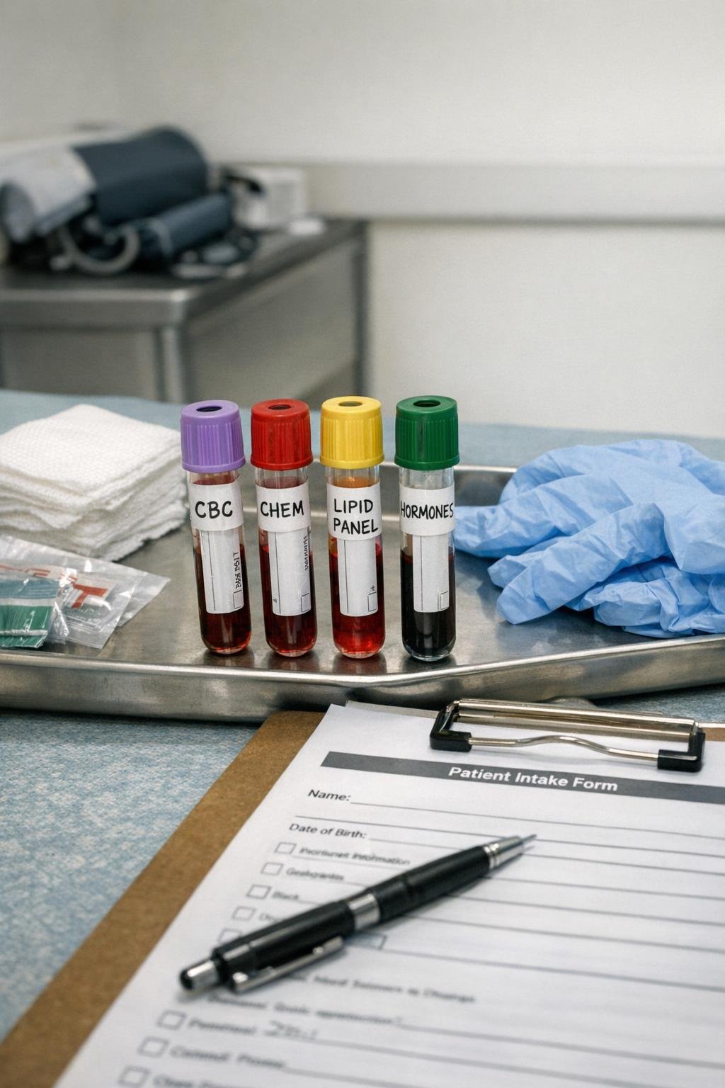 Clinic exam room tray with blood draw supplies and paperwork
