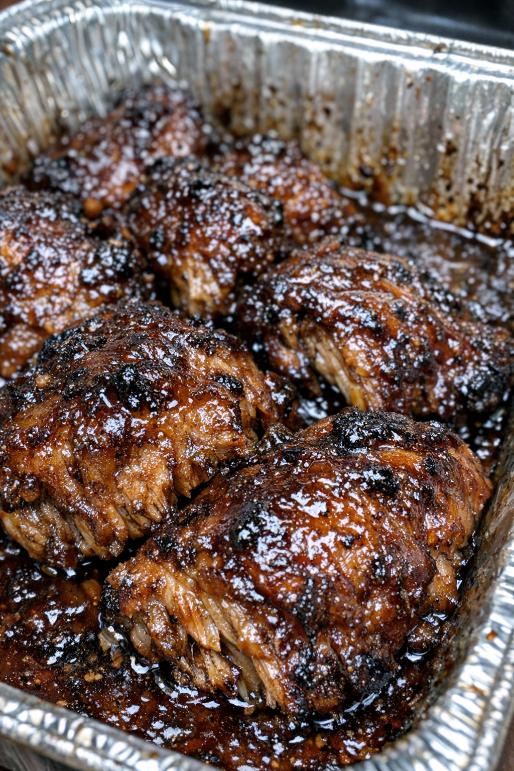 Roasted glazed protein in an aluminum baking pan