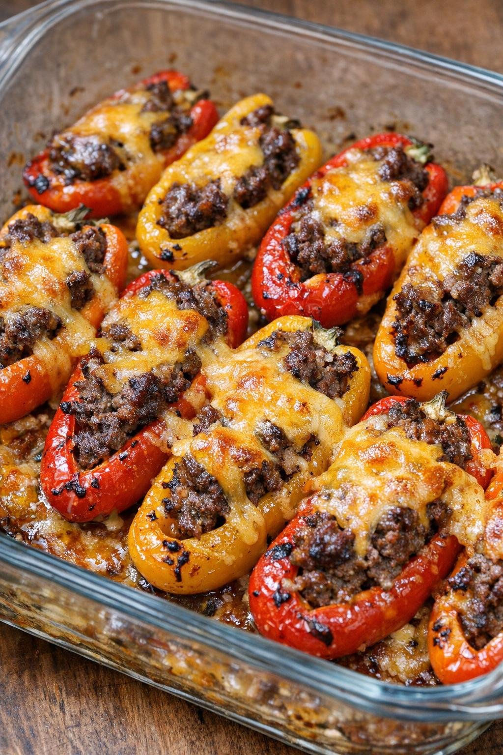 Baked beef stuffed sweet peppers with melted cheddar