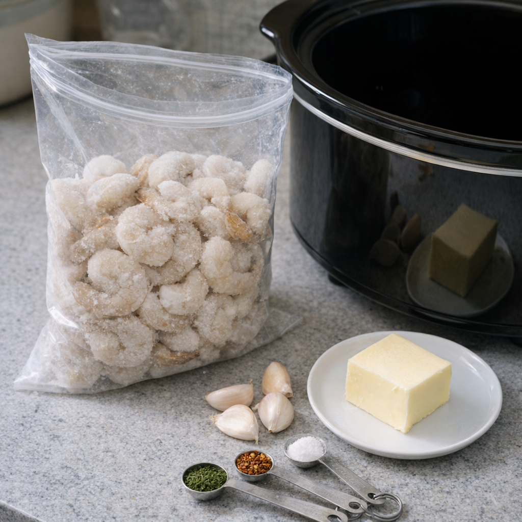 Packaged frozen shrimp and kitchen prep setup