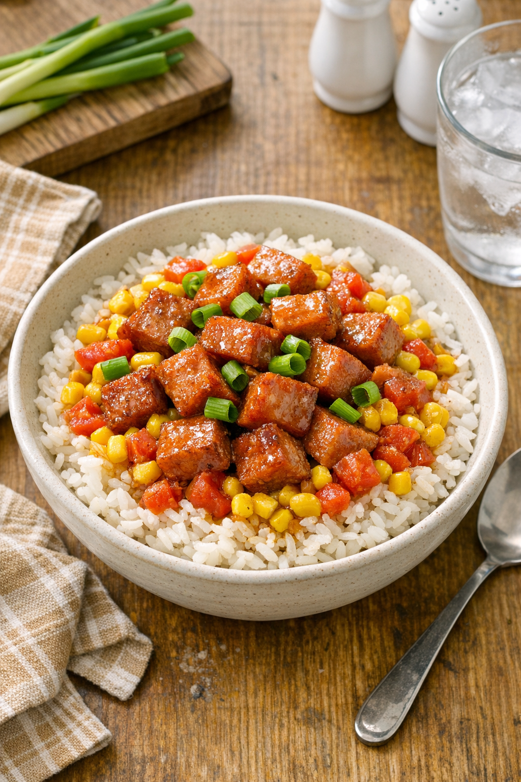 Finished slow cooker pork luncheon meat bowl