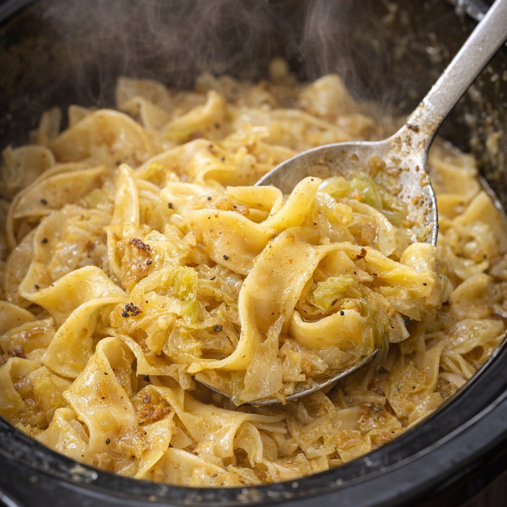 Tender cabbage noodles being tossed with a spoon