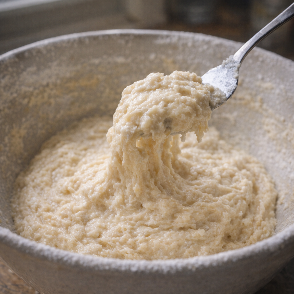 Thick biscuit batter being mixed in a bowl