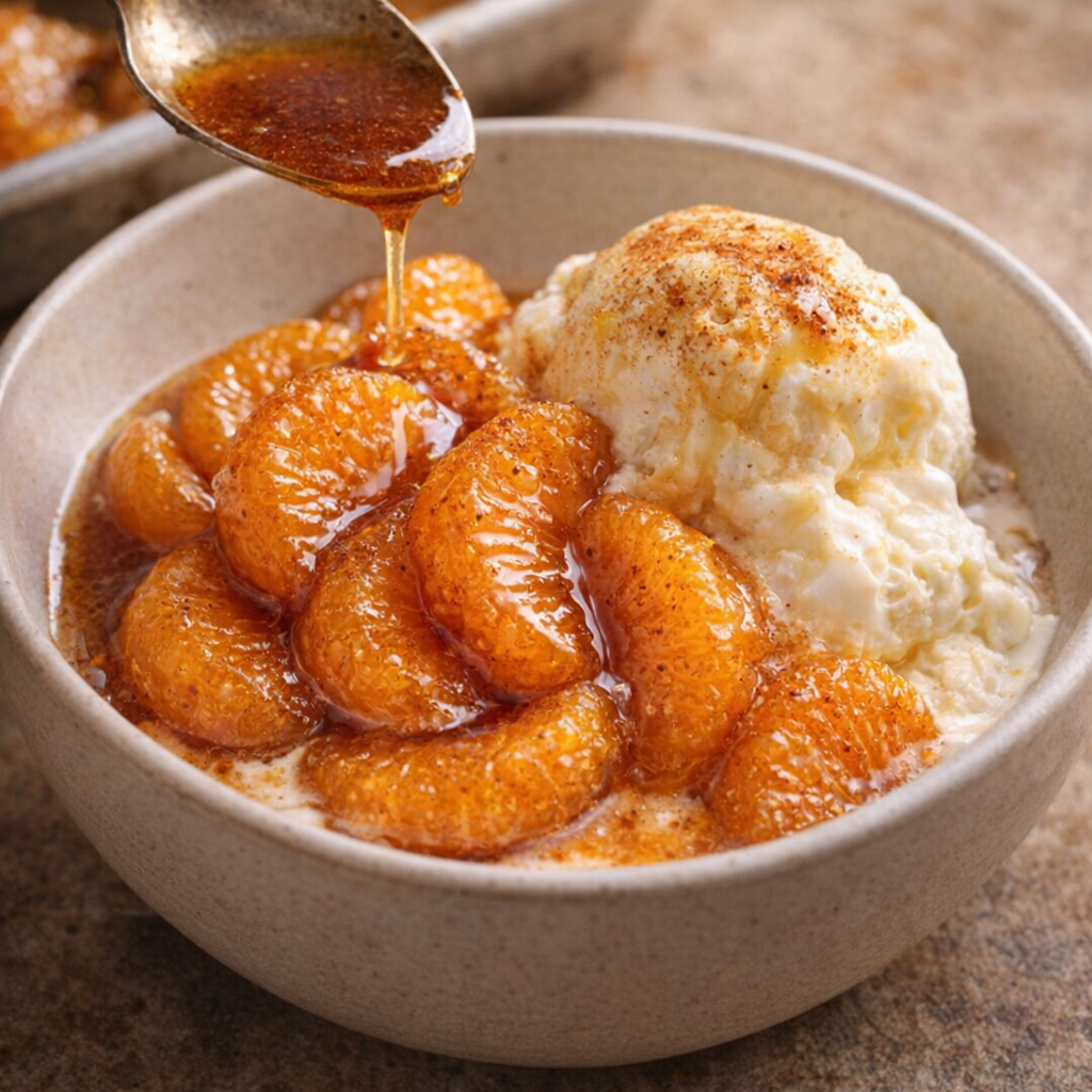 Warm baked mandarin oranges spooned over vanilla ice cream