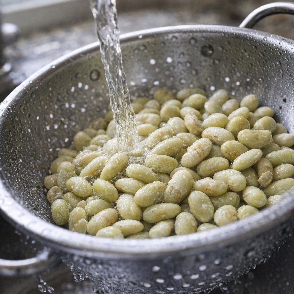 Rinsed dried lima beans in a colander