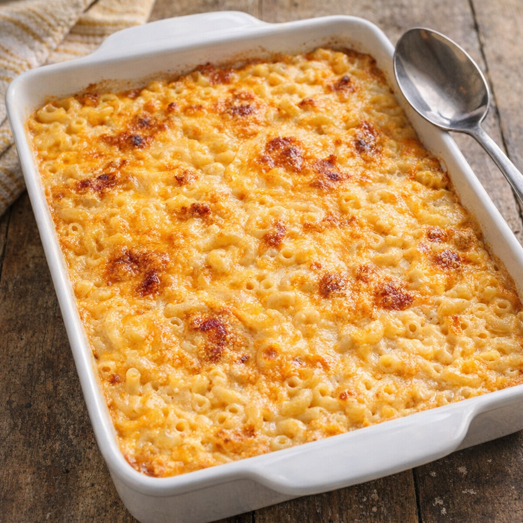 Baked cheddar macaroni in a casserole dish