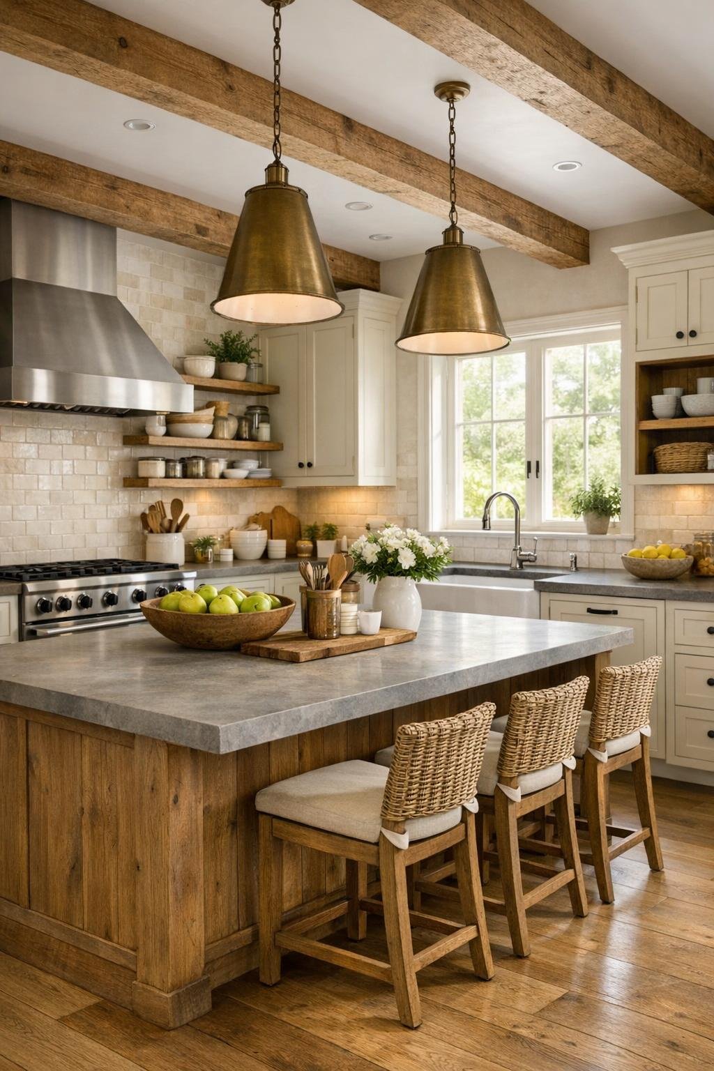 Large barn farmhouse kitchen with oversized island, creamy cabinets, and warm wood details