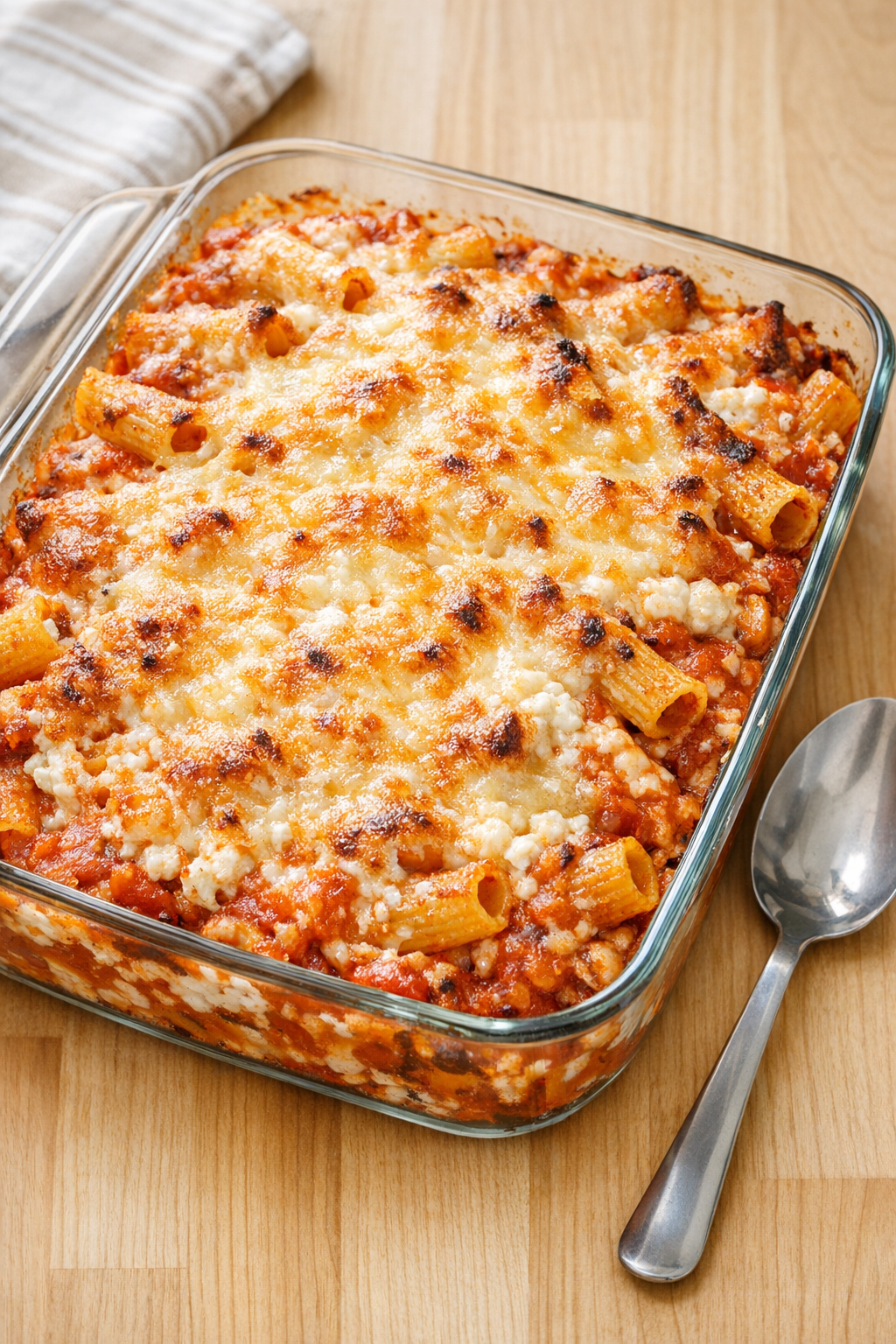Finished baked cottage cheese rigatoni in a glass baking dish