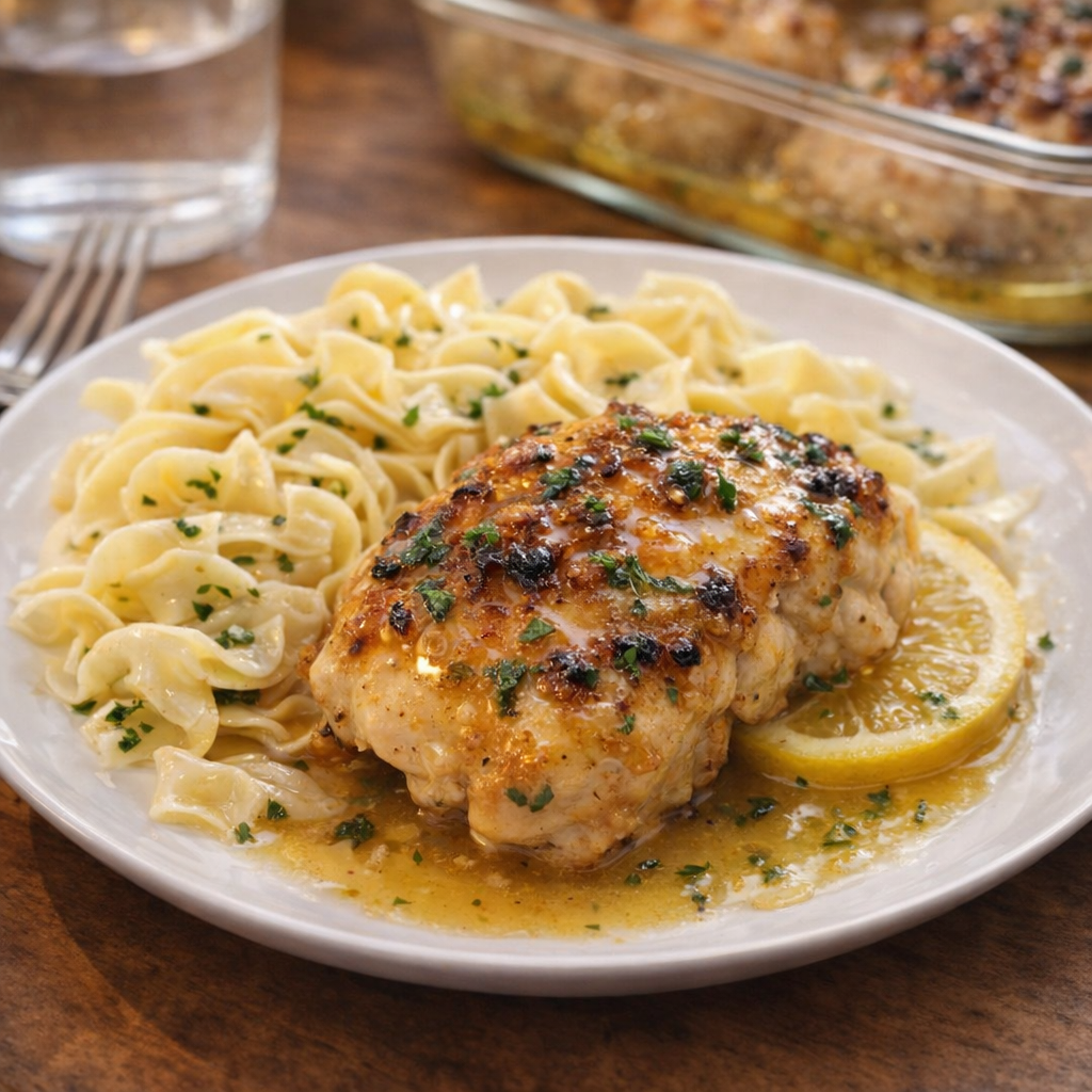Plated chicken francaise served with buttered noodles