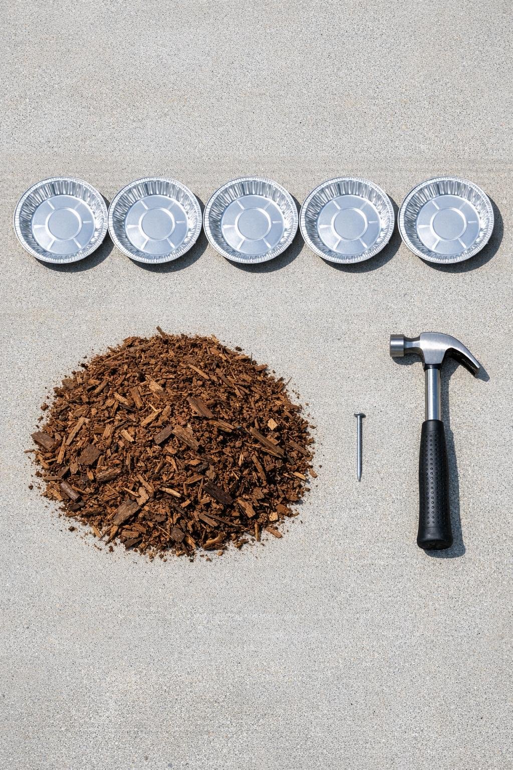 Aluminum pie tins, mulch, nail, and hammer laid out for the project