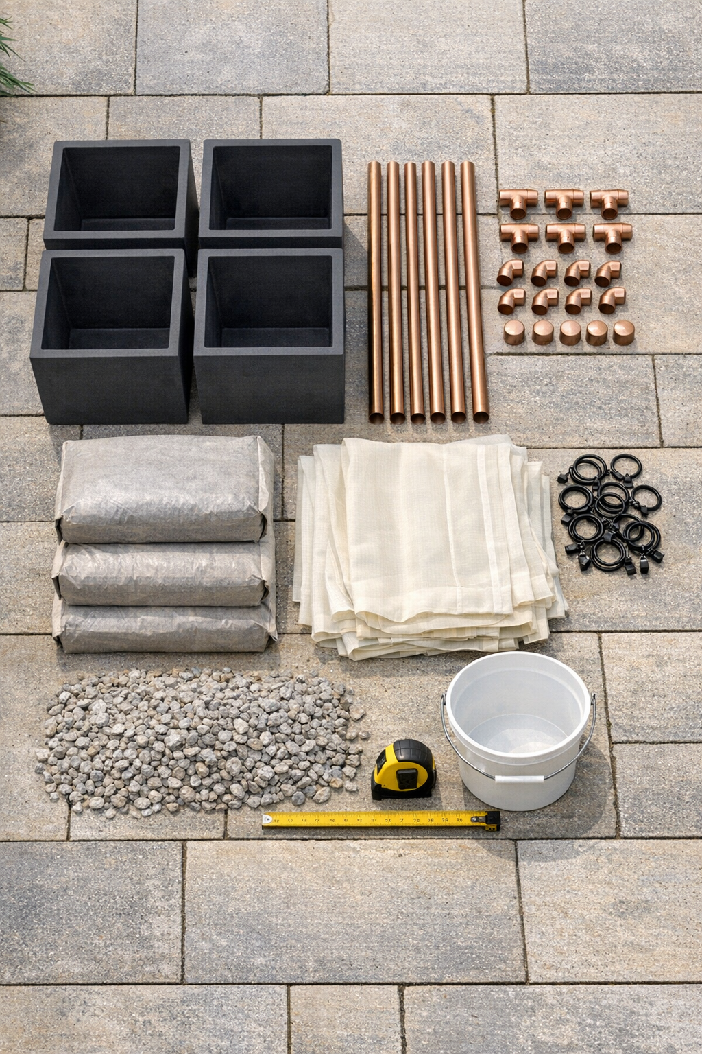 Copper pipes, planters, concrete mix, and outdoor curtains laid out for a patio canopy project