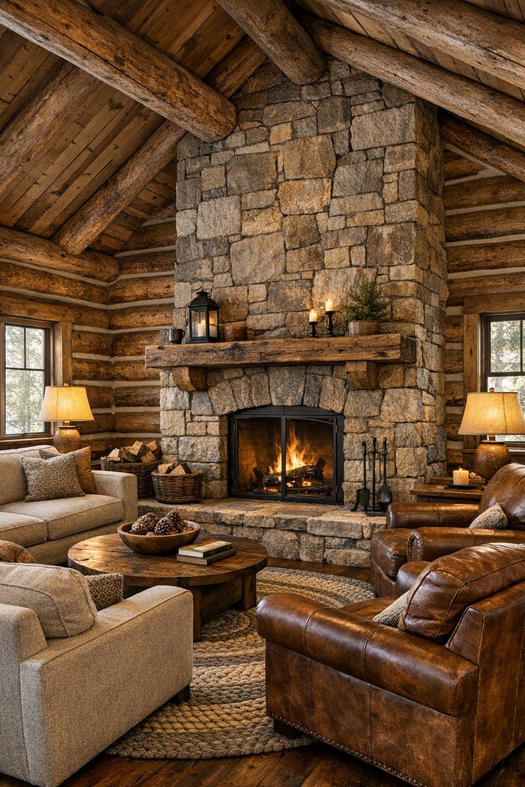 Rustic log home living room with stone fireplace and warm neutral seating