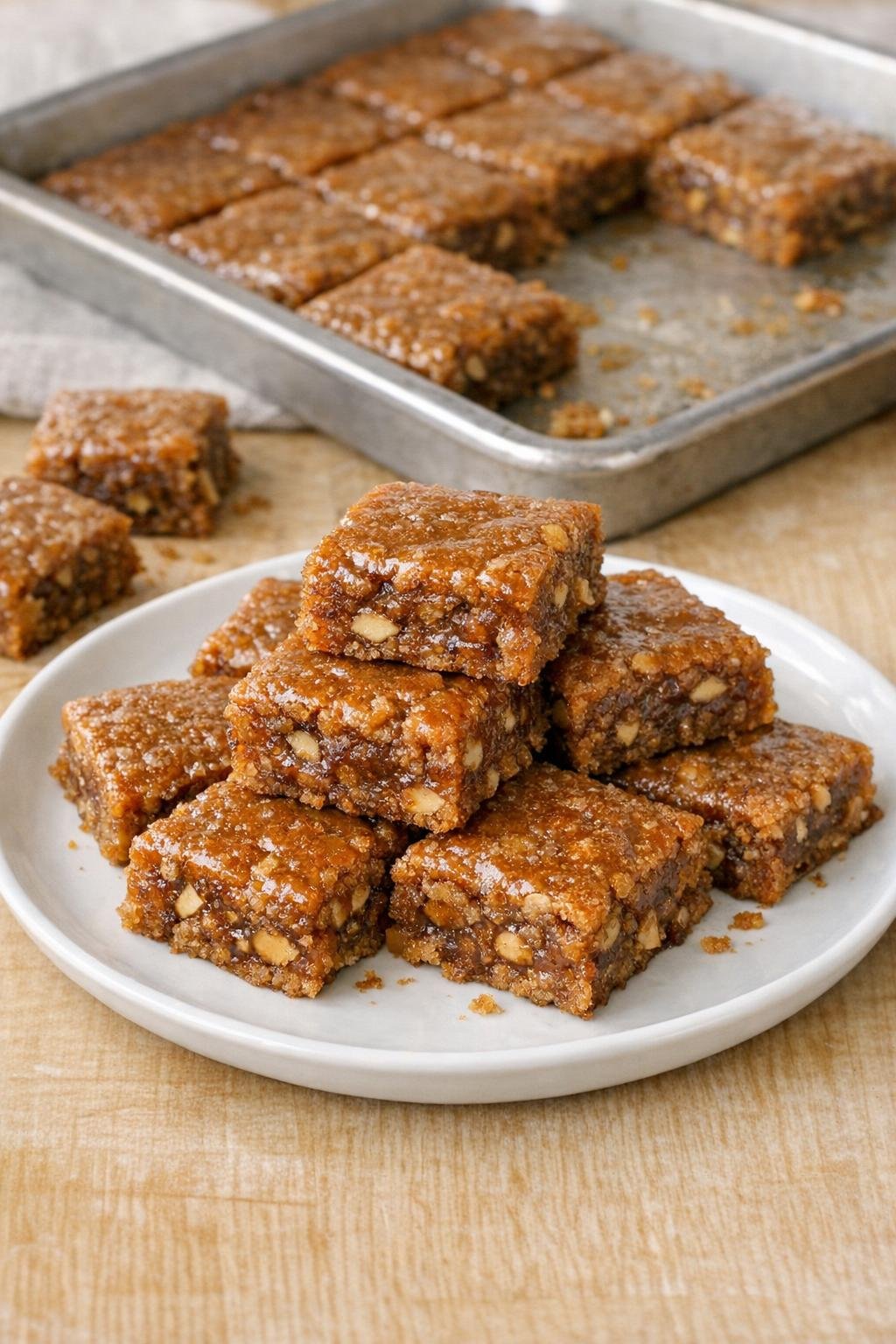 Finished molasses peanut butter bars on a plate