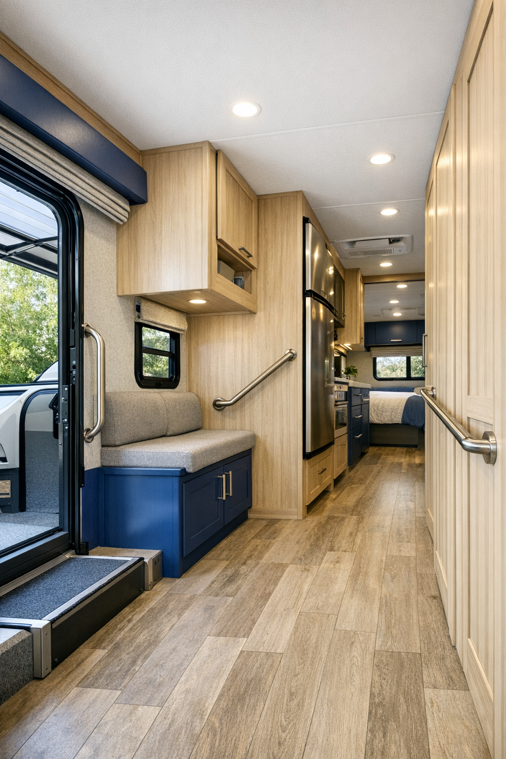 Accessible RV entry and hallway area with built-in storage and cohesive finishes