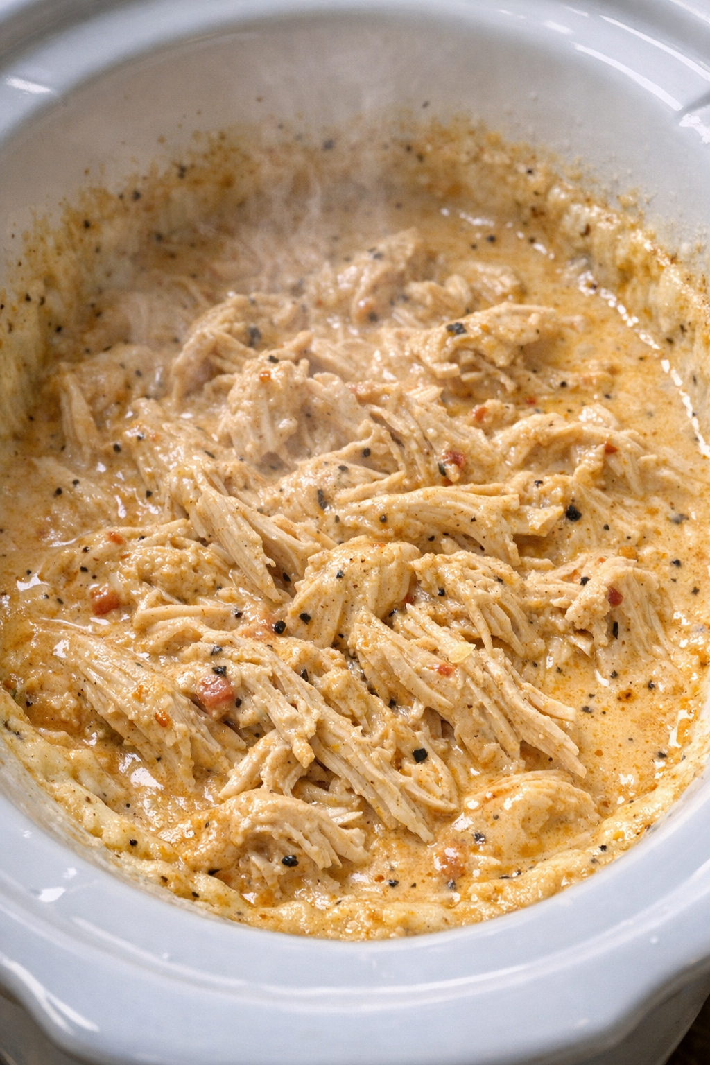 Creamy taco chicken in a white slow cooker