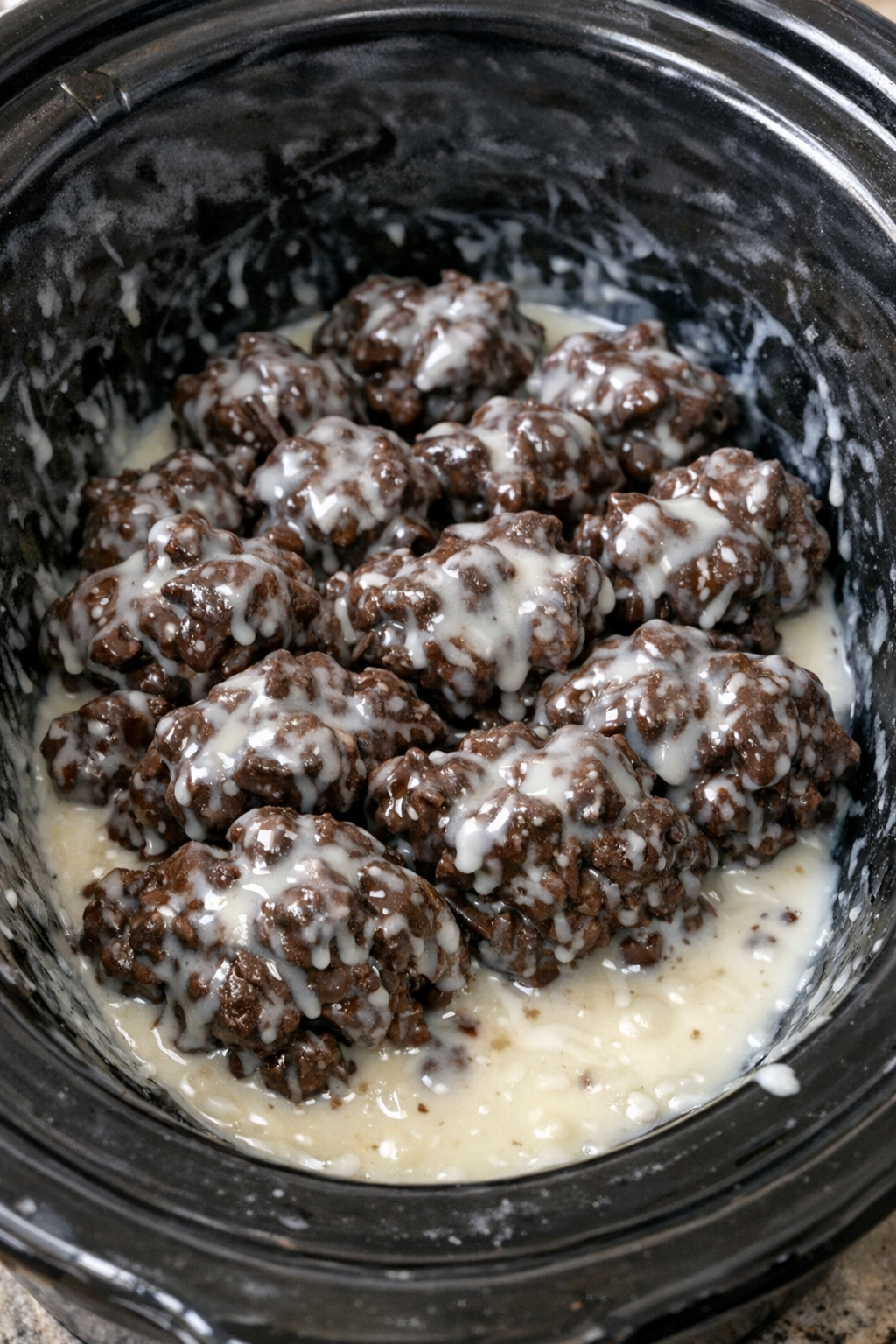 Finished chocolate clusters with white glaze in a slow cooker