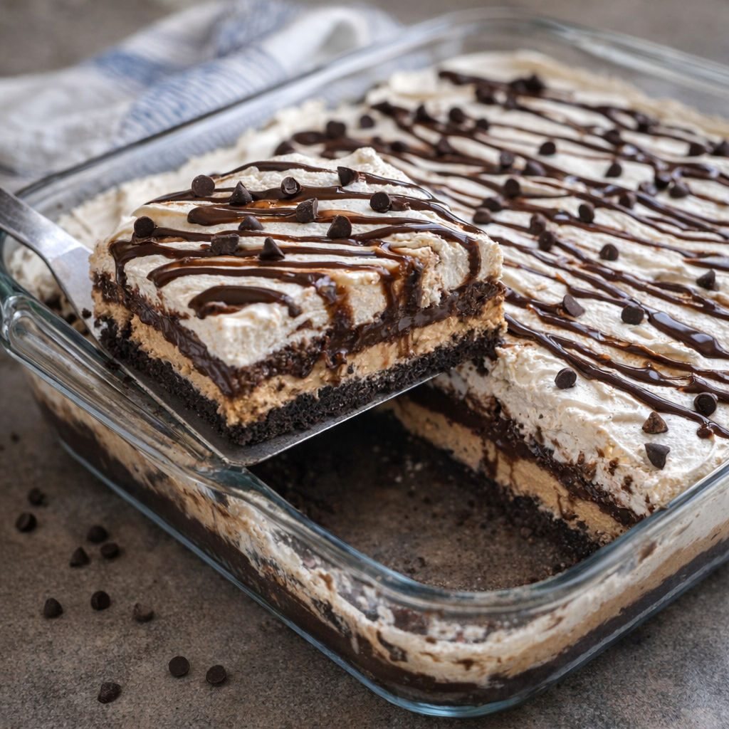 Chocolate peanut butter lasagna sliced in a baking dish