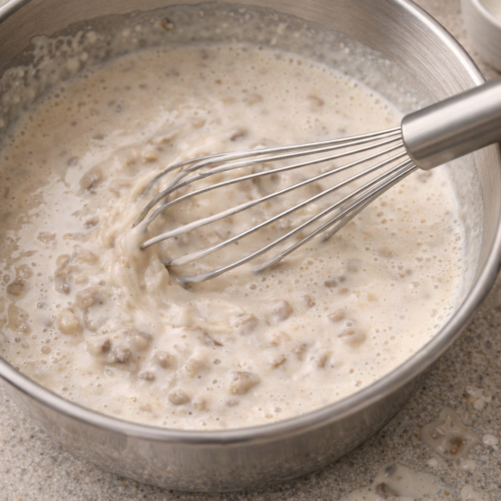 Creamy mushroom sauce being whisked in a bowl