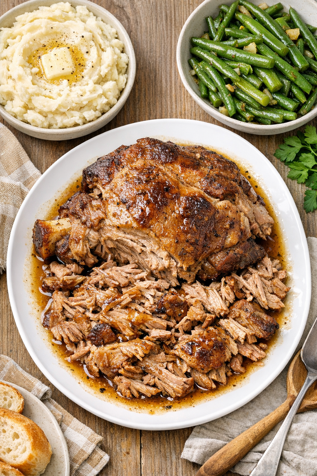 Finished slow cooker pork shoulder roast plated with juices