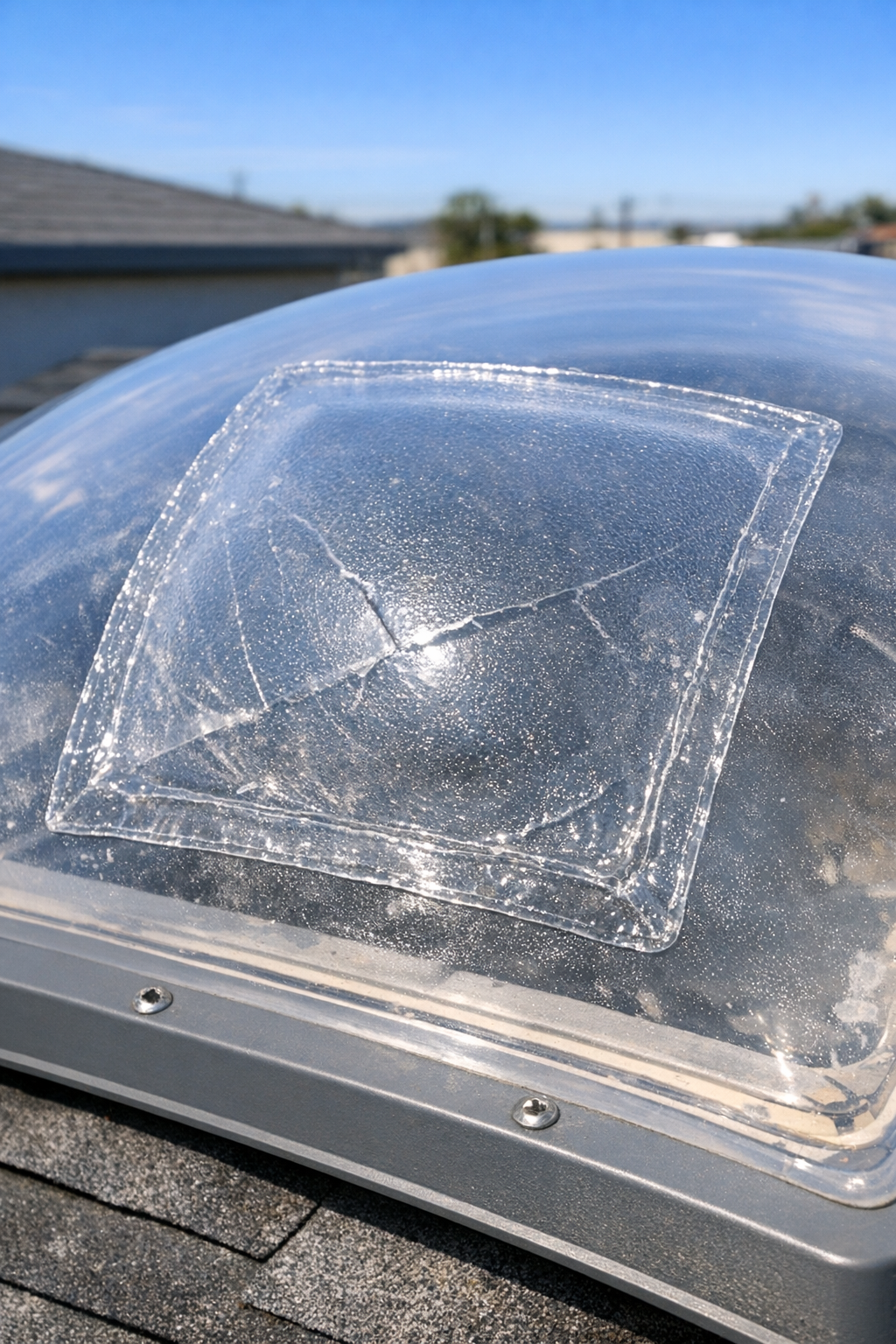 Finished heavy-duty clear patch installed over a skylight crack