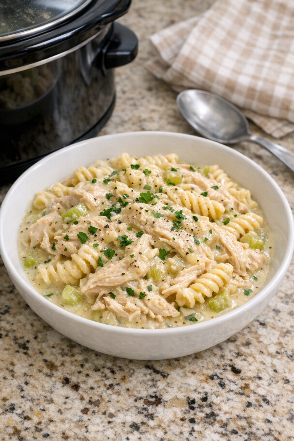 Finished creamy chicken pasta plated in a bowl