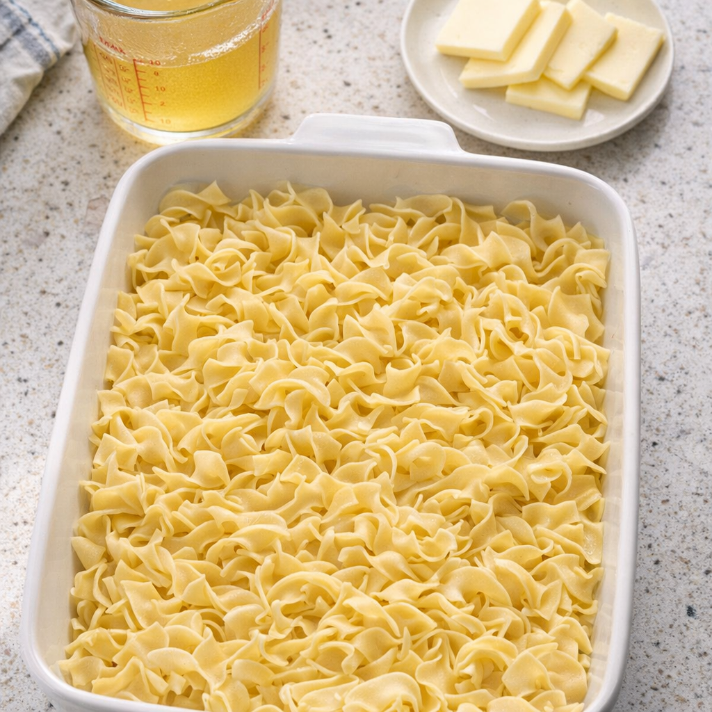 Dry egg noodles spread in a ceramic baking dish before baking
