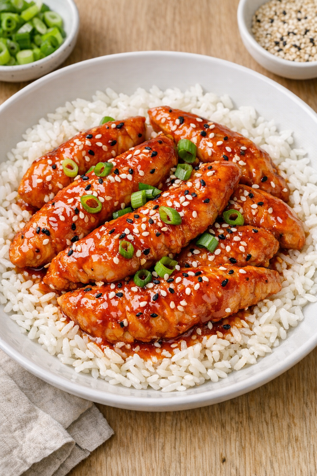 Finished firecracker chicken plated over rice