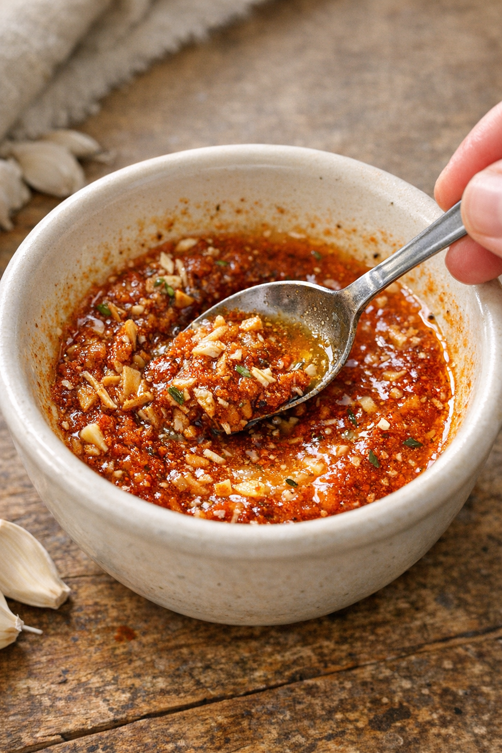 Paprika butter mixture being stirred in a small bowl
