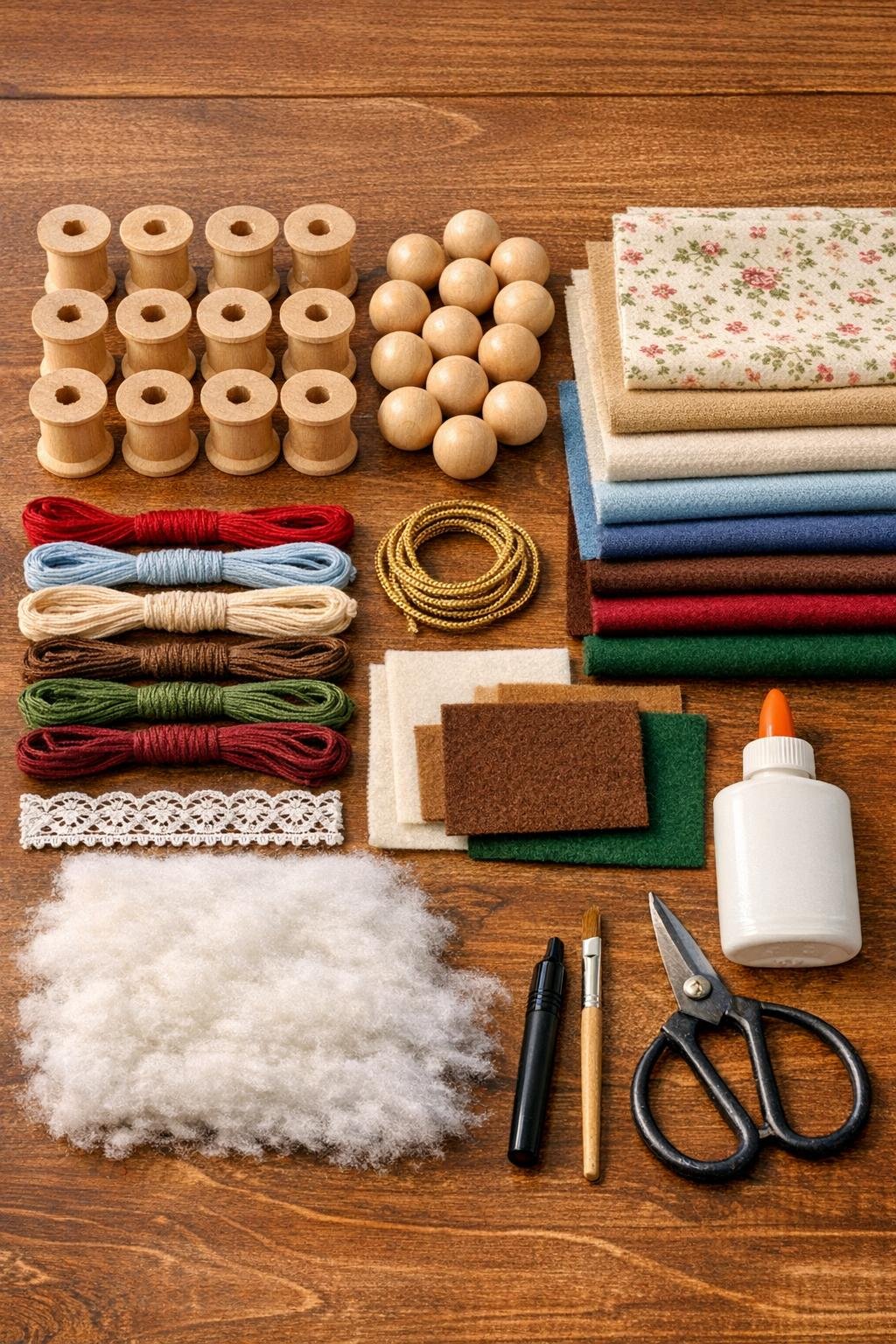 Materials for making spool nativity figures laid out on a table