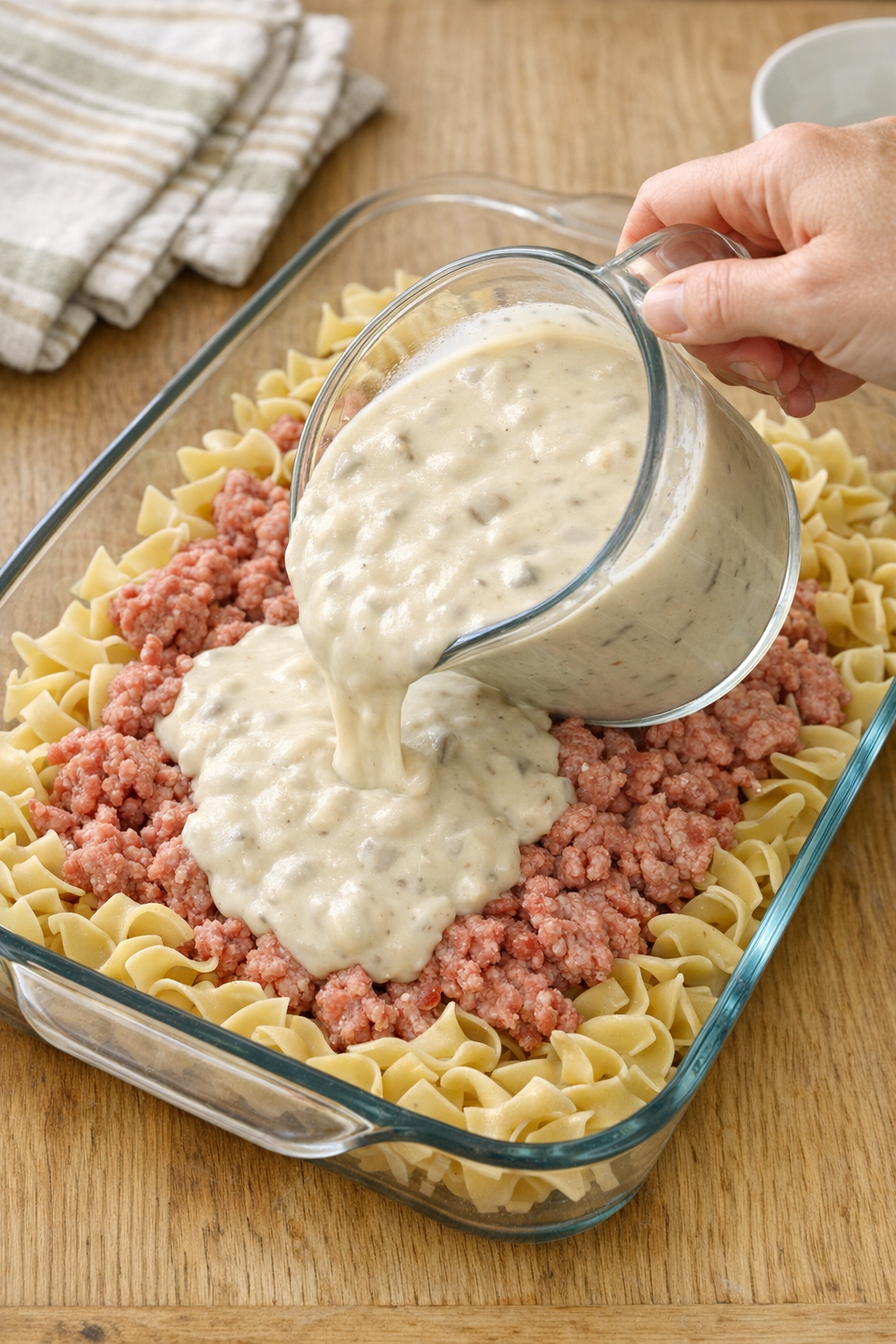 Creamy soup mixture being poured over noodles and beef