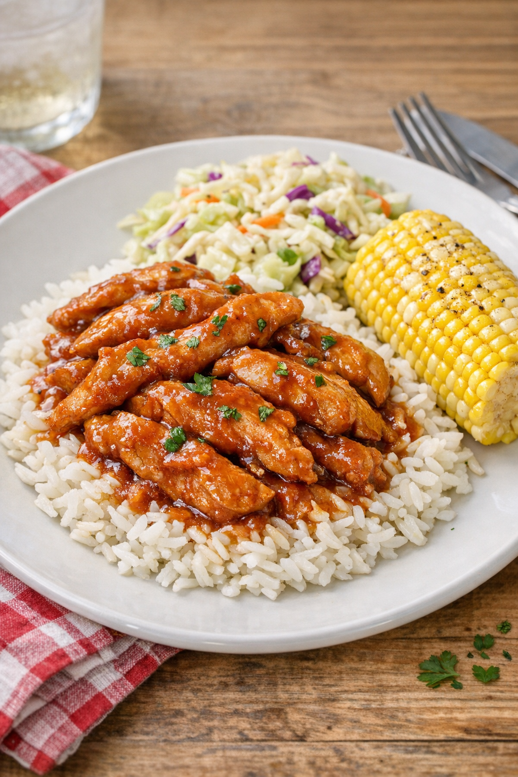 Finished plated slow cooker block party chicken