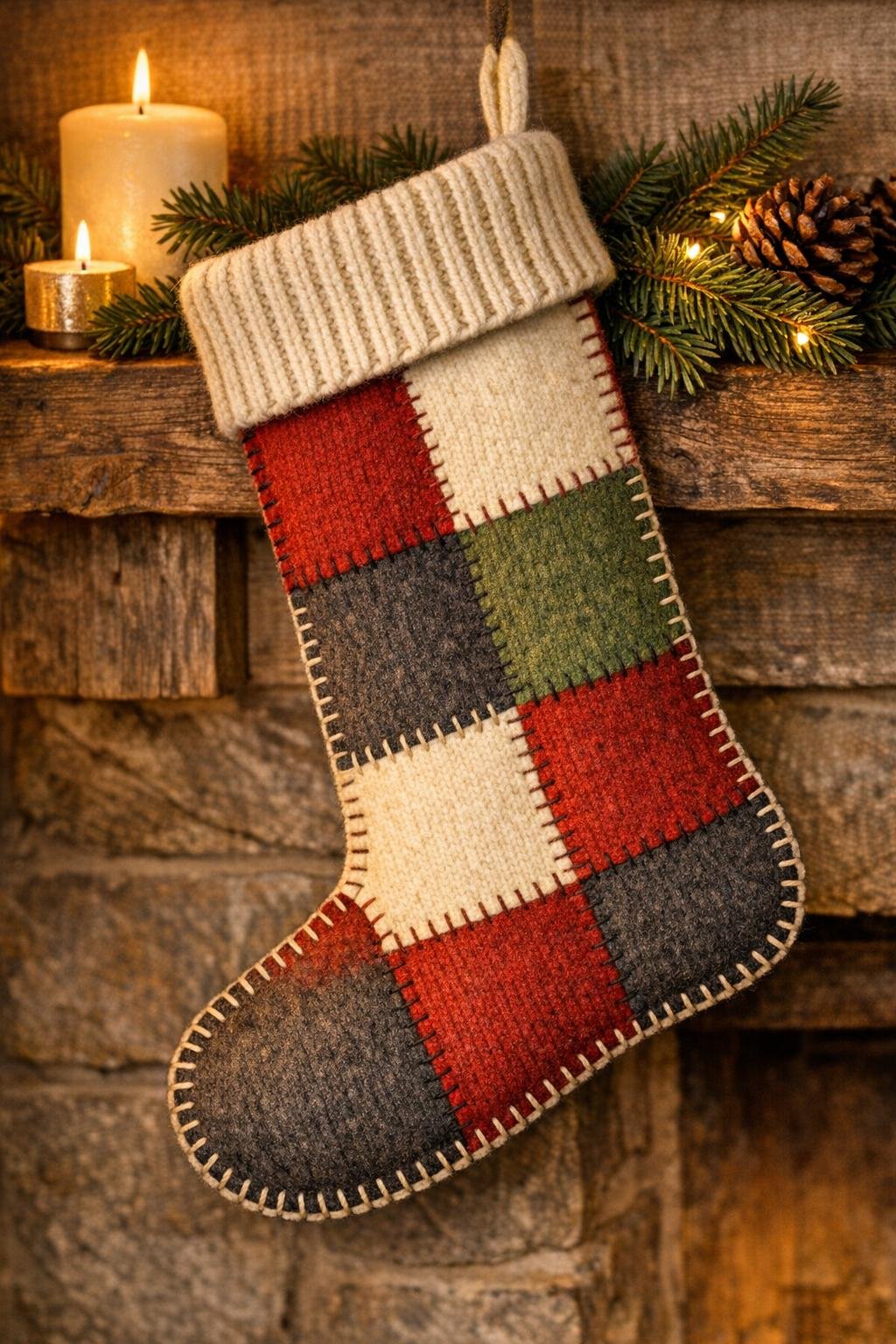 Finished felted sweater stocking hanging on a holiday mantel