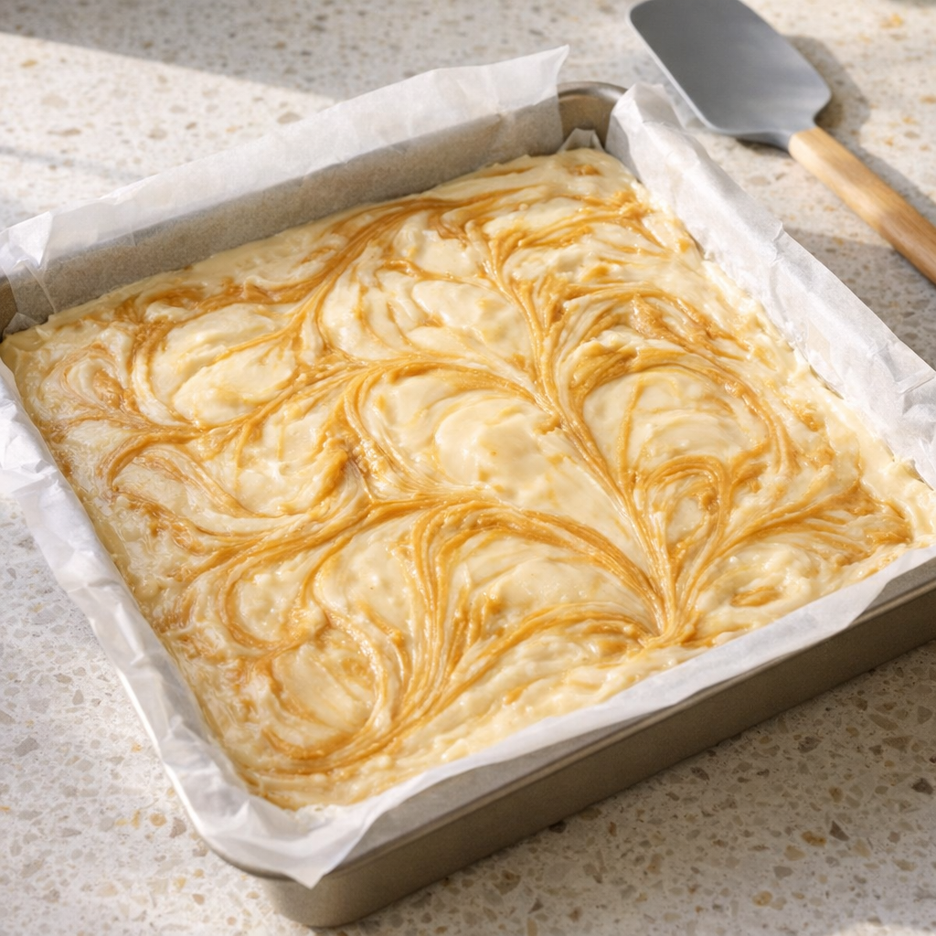 Pan of white chocolate peanut butter fudge with swirled top