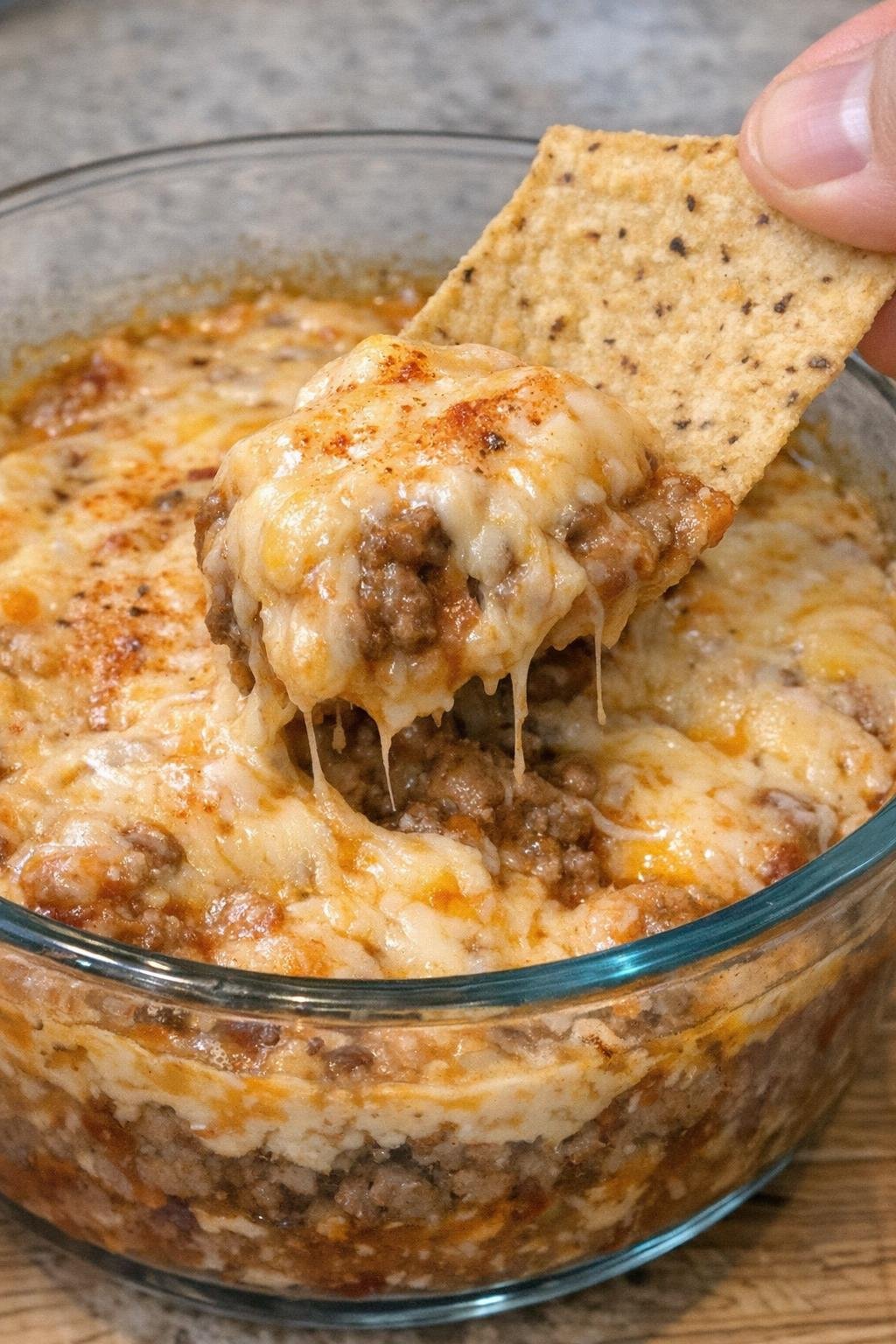 3-ingredient taco calhoun dip in a glass bowl with a tortilla chip scooping dip