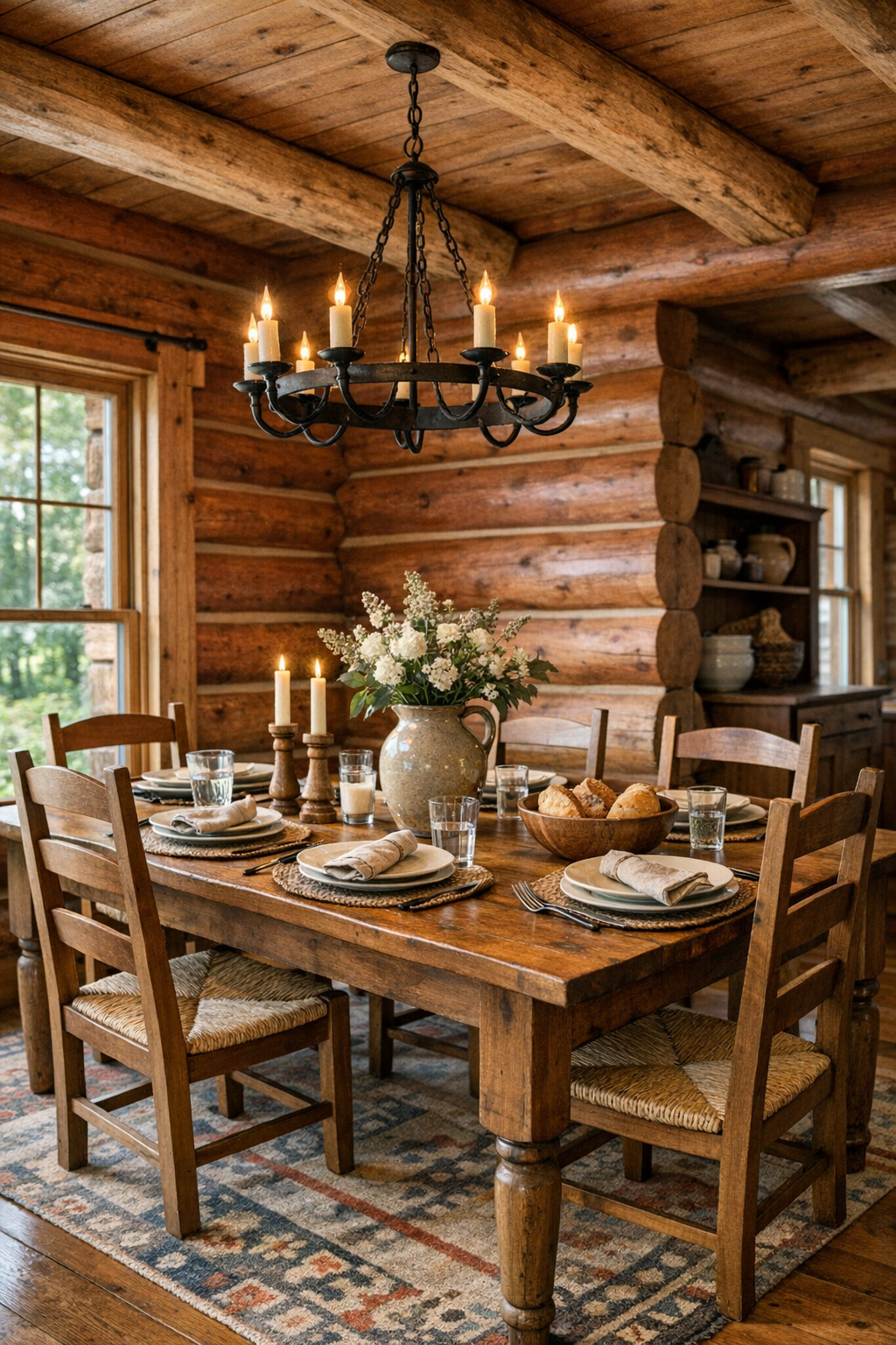 Rustic dining room with handcrafted wood table, simple chairs, and warm light in a log home
