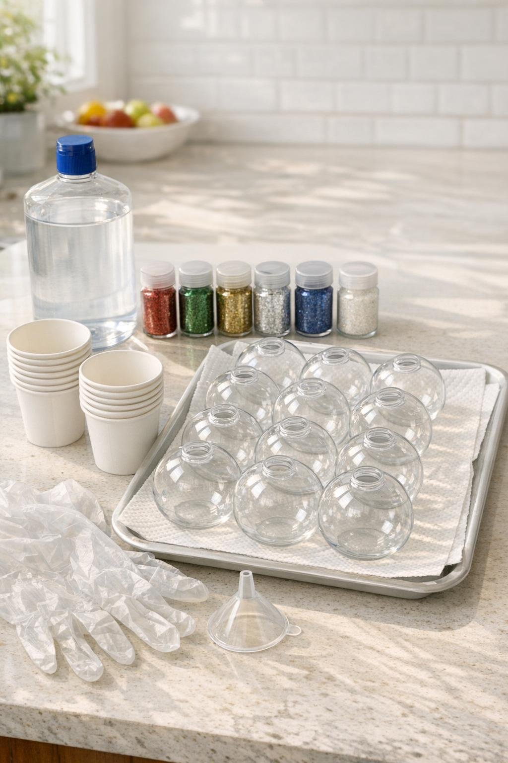 Clear ornaments, floor polish, fine glitter, and paper cups laid out on a counter