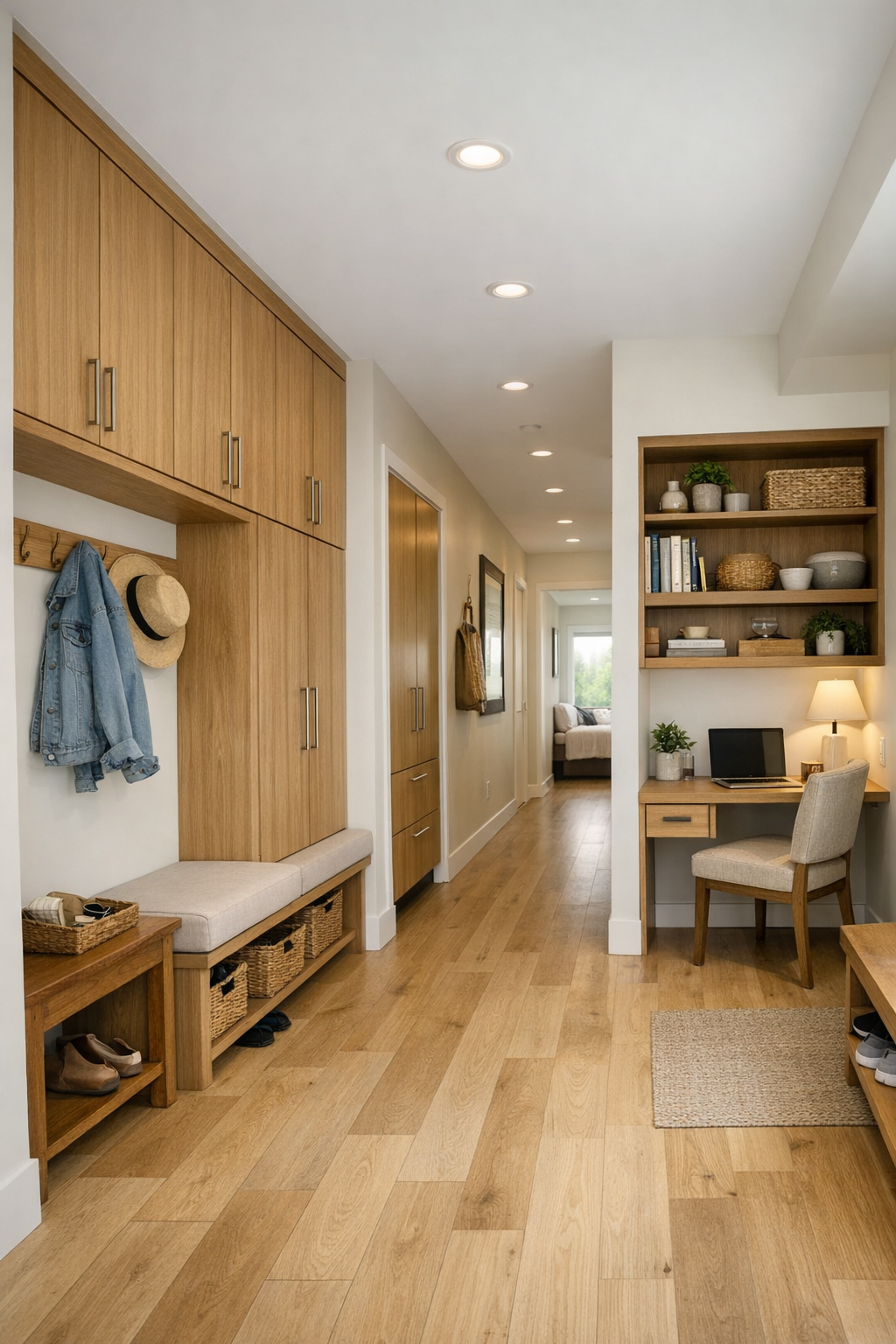 Wide hallway and flex nook with built-in desk and seamless storage