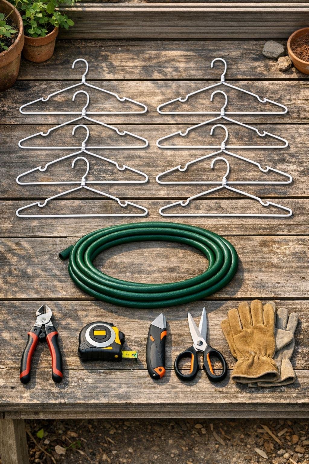 Wire coat hangers, garden hose, and cutting tools laid out for making row cover clamps
