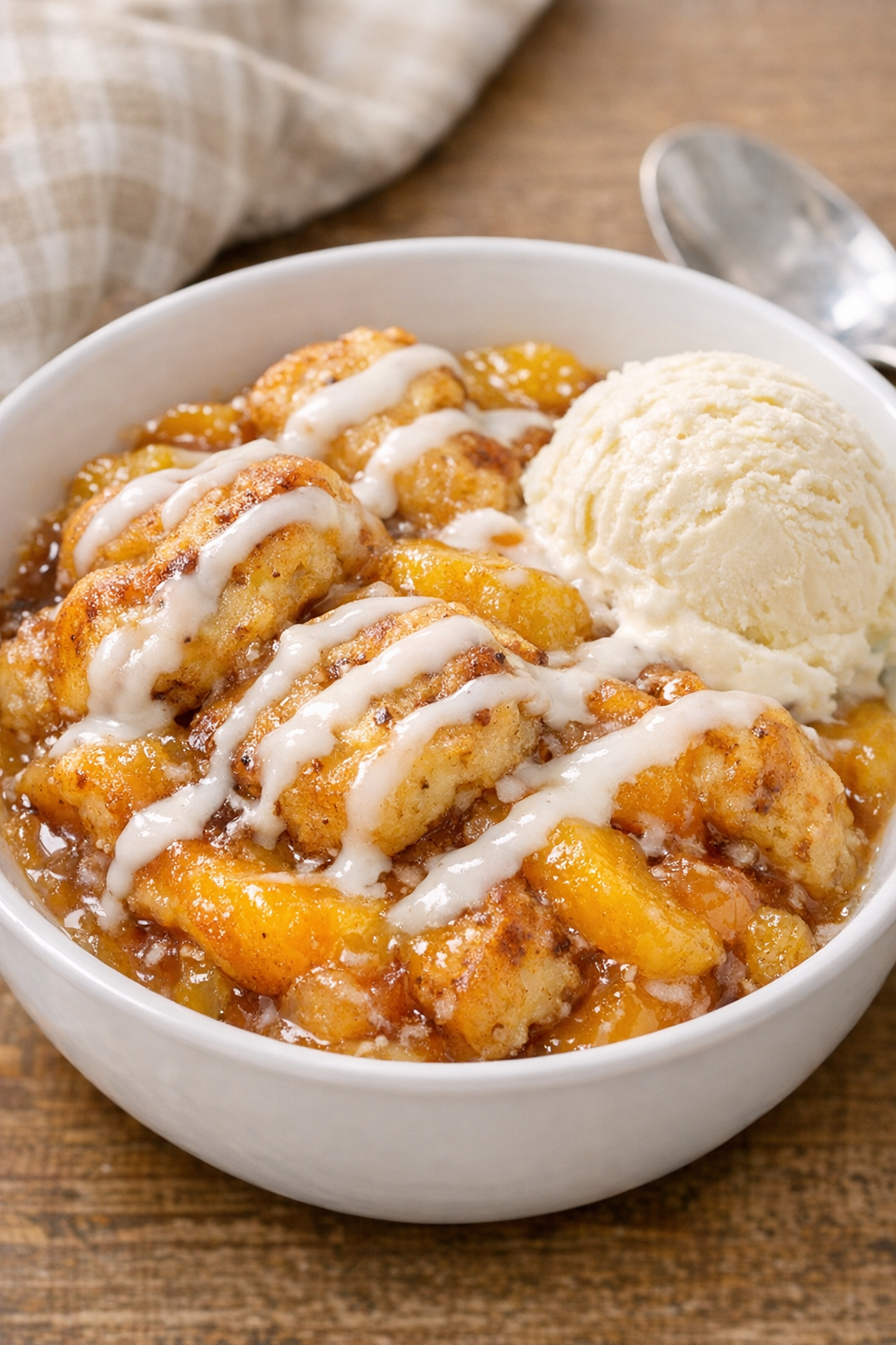 Plated cinnamon roll peach dessert with icing