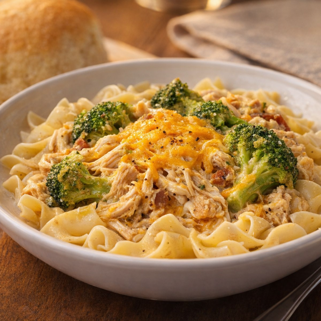 Cheesy chicken and broccoli served over egg noodles