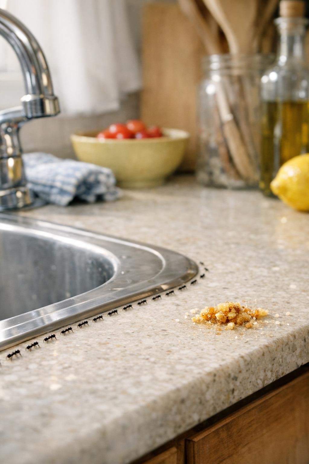 Ant trail near a kitchen counter and sink