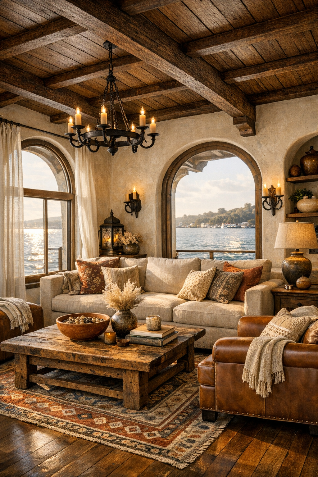 Spanish Colonial living room on a houseboat with arched windows and warm neutral furnishings