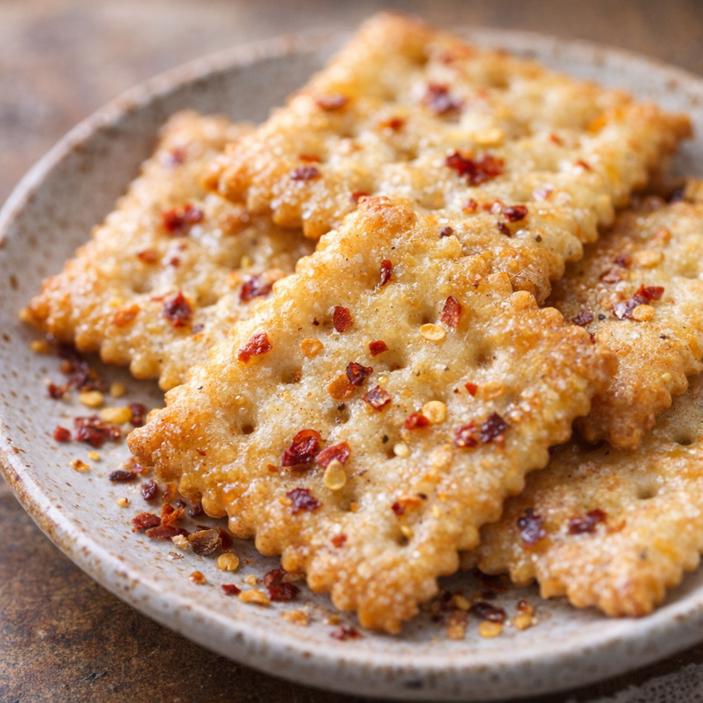 Close-up of spicy saltines with extra pepper flakes