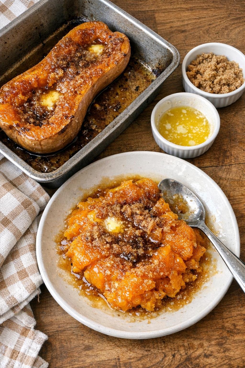 Finished baked butternut squash dessert in a roasting pan