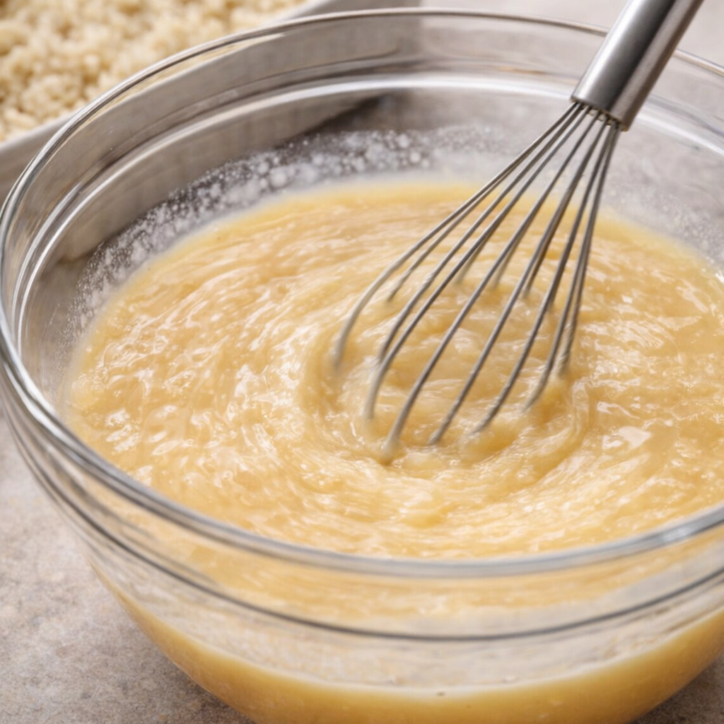 Creamy soup and broth mixture being whisked in a bowl
