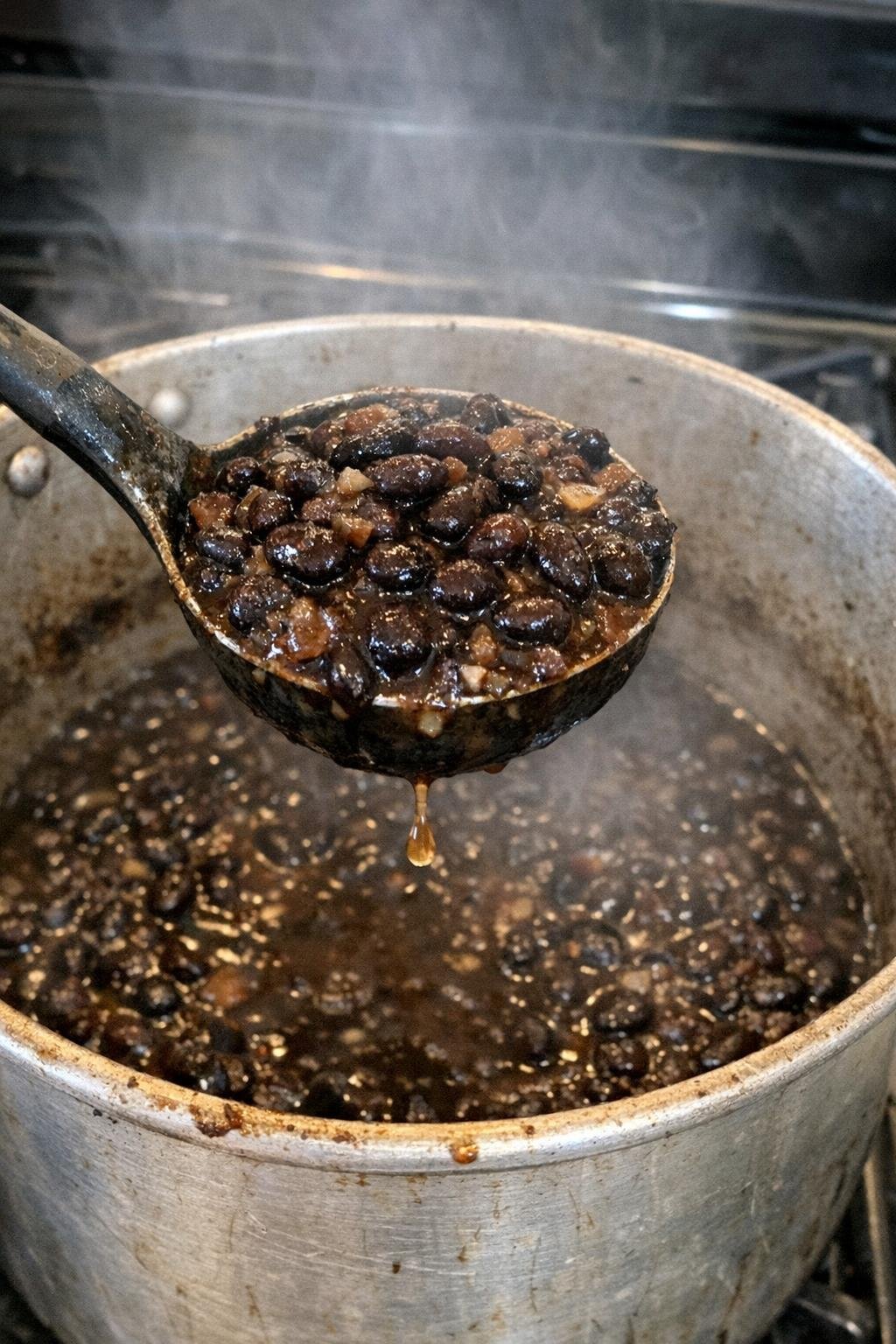 Thick tender black beans in a dented pot with a ladle lifting a scoop