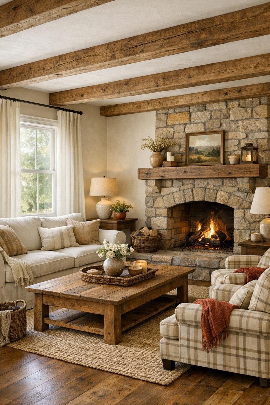 Warm farmhouse living room with ivory walls, oak beams, a slipcovered sofa, and a stone fireplace