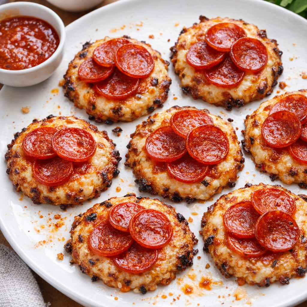 Freshly baked low carb pizza bites on a white plate