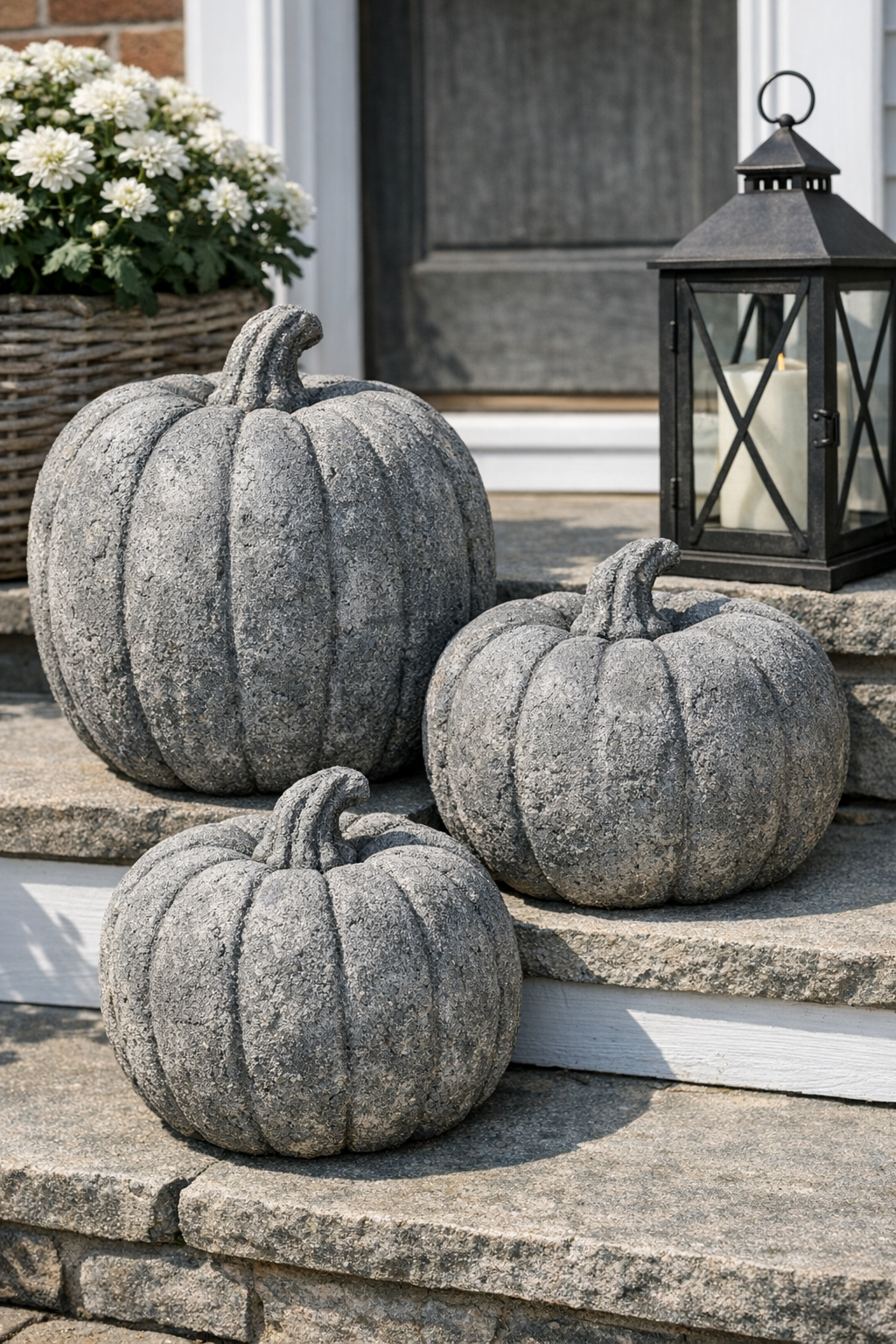 Finished faux-stone porch pumpkins styled outdoors