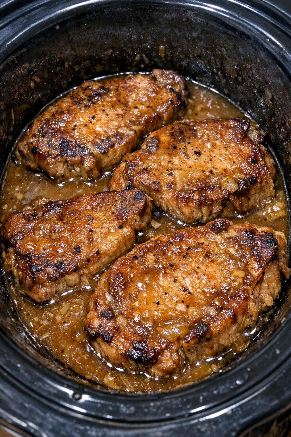 Tender beer braised pork chops in slow cooker